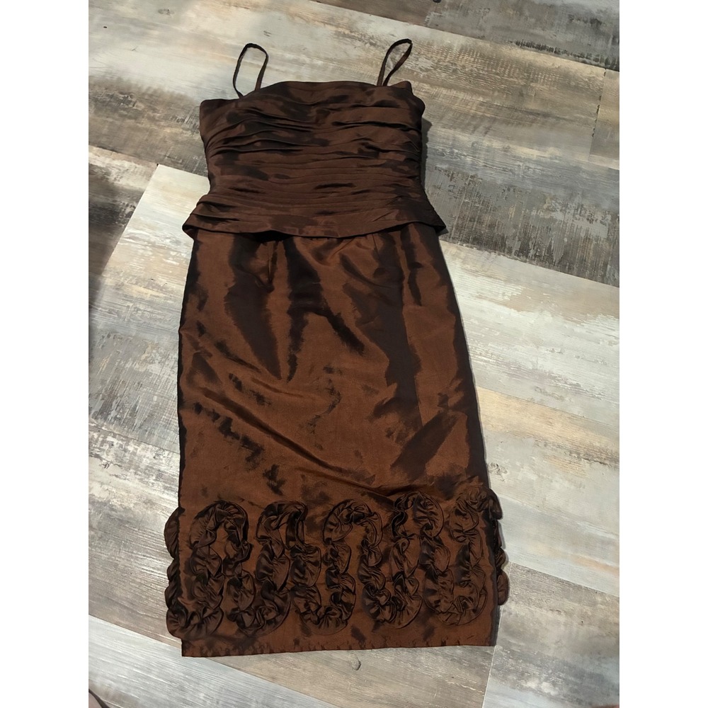 KM Collections Milla Bell Brown Taffeta Ruched Peplum Rosette Hem Dress Size 8